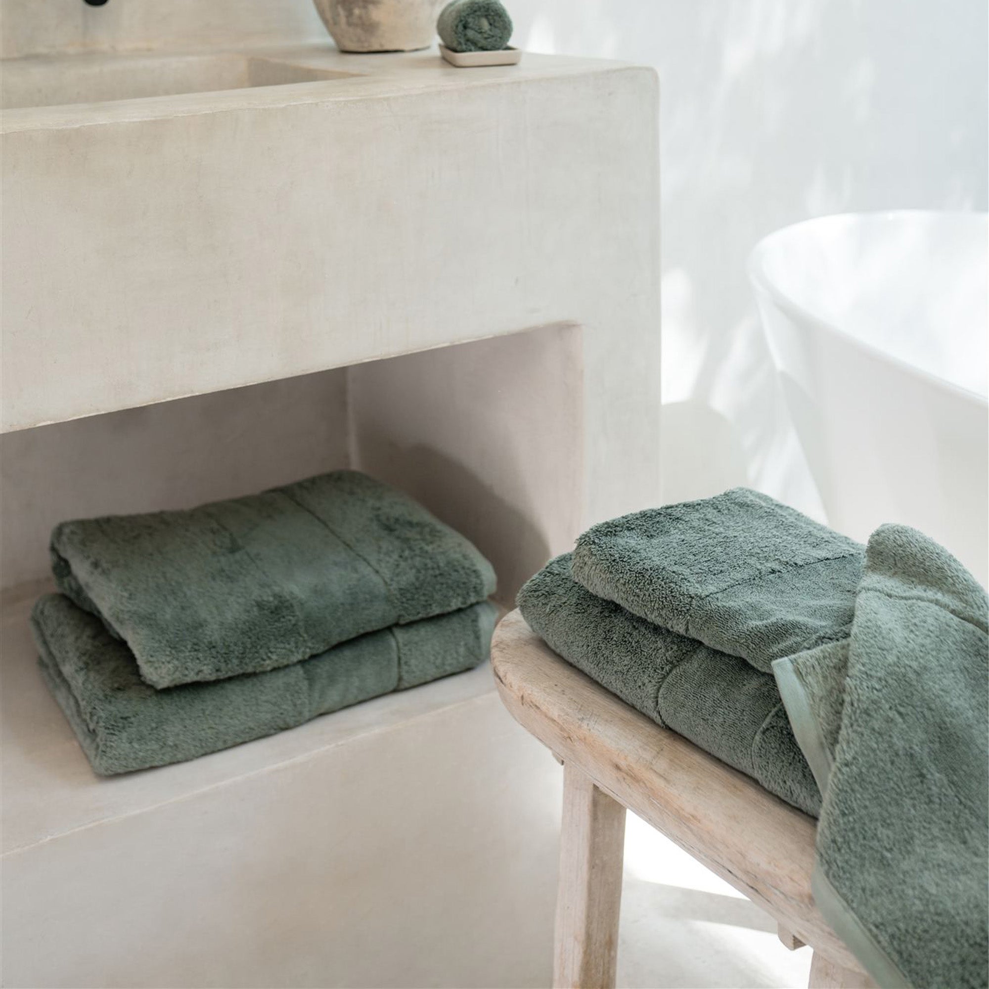 Ritual Bath Towels Pair by Rest & Reset styled in natural light, emphasizing texture and calming tones