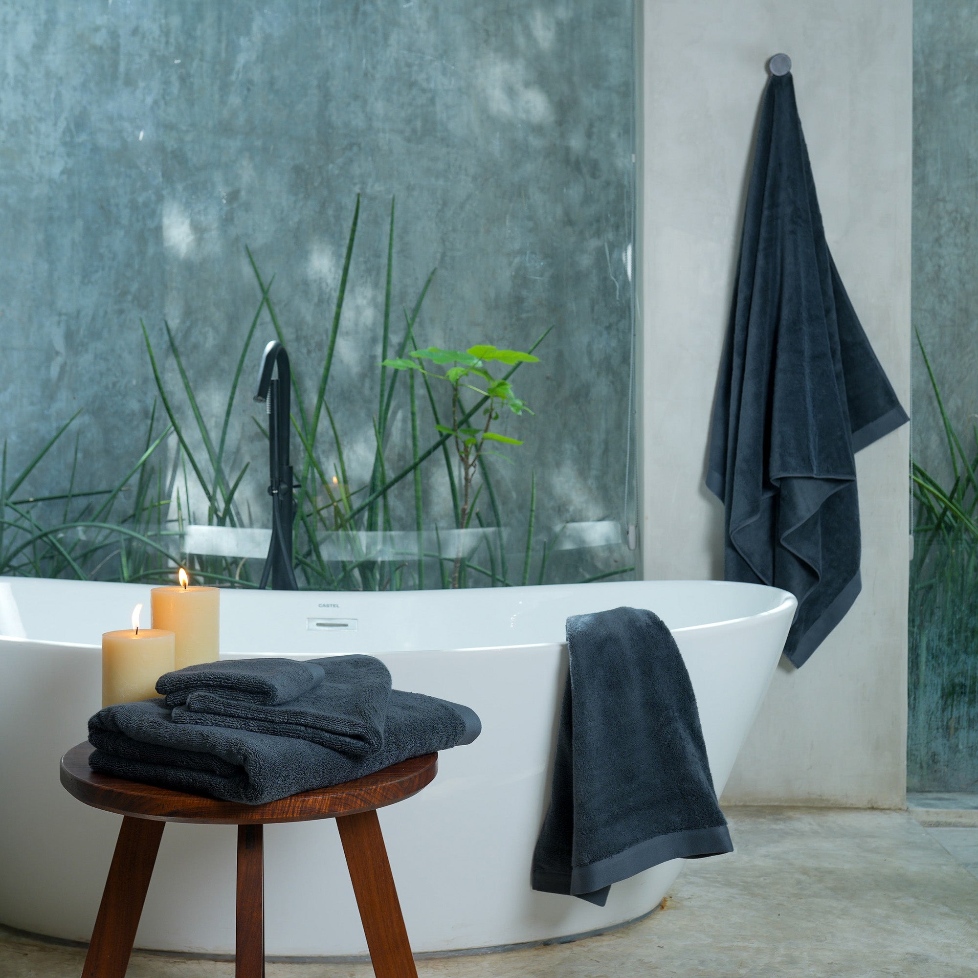 Oasis Bath Towels Pair by Rest & Reset styled as part of a complete bathroom setup for everyday luxury