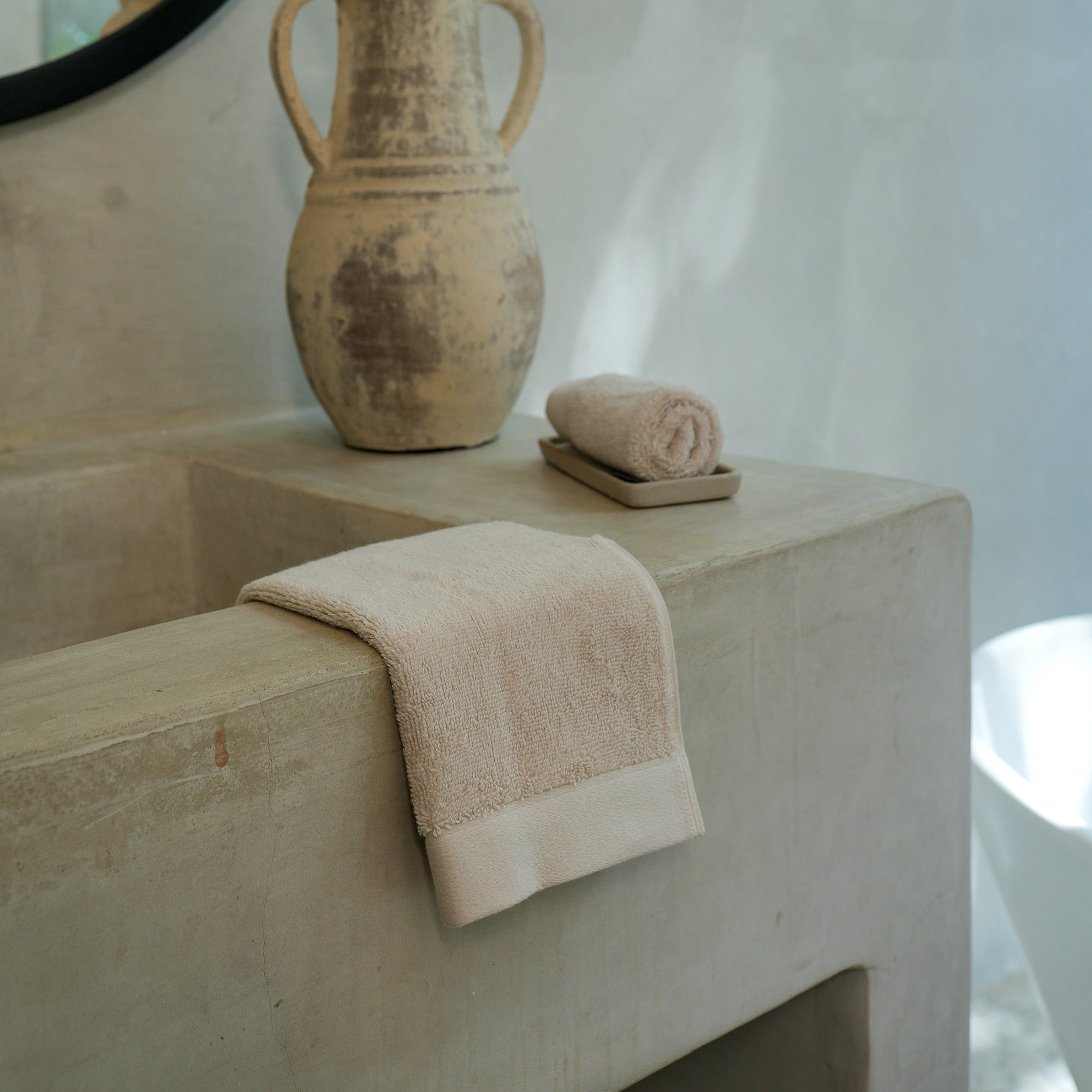 Oasis Hand Towels Pair by Rest & Reset styled in a serene bathroom setting for daily comfort and functionality