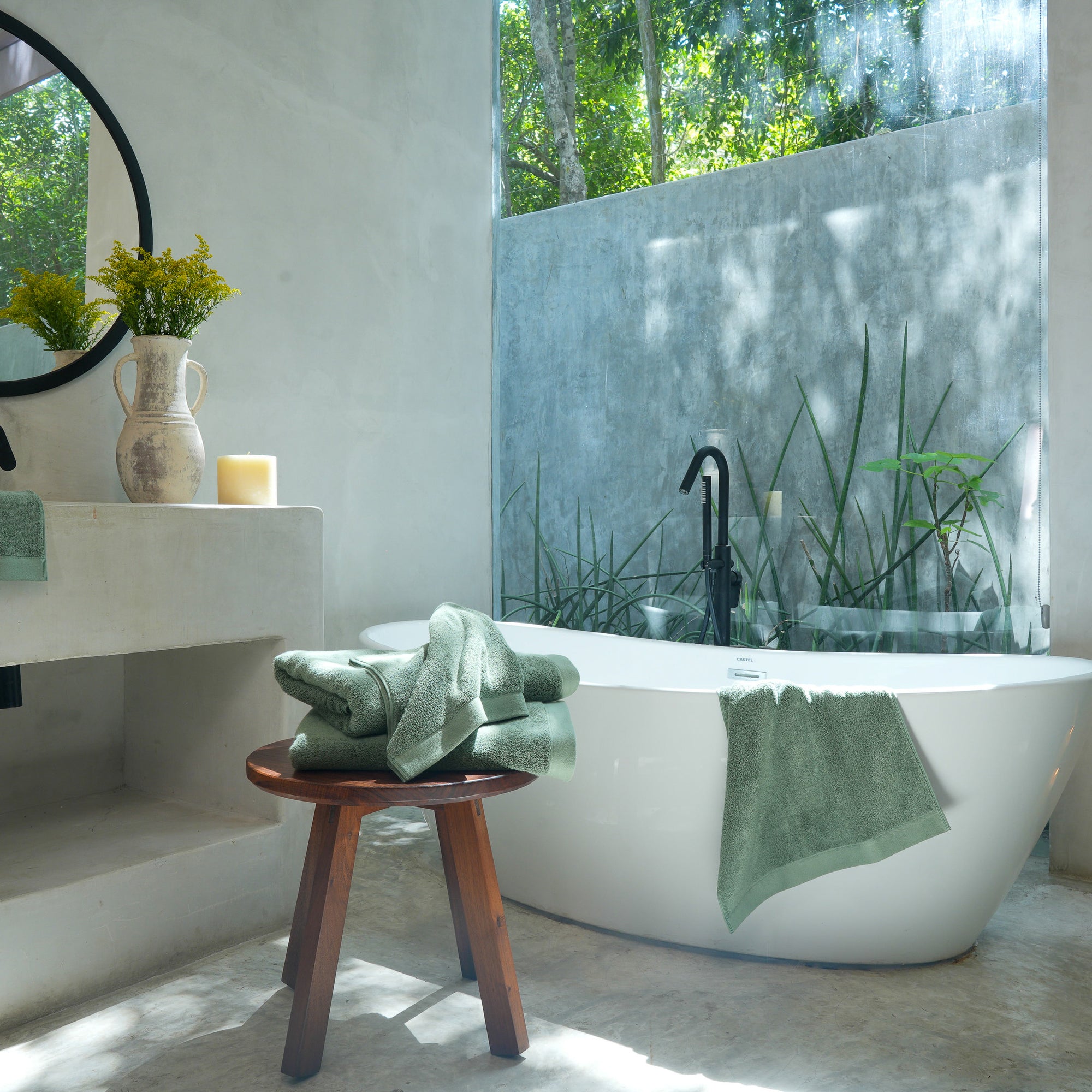 Oasis Hand Towels Pair by Rest & Reset styled with natural elements, enhancing a fresh and spa-inspired bathroom feel