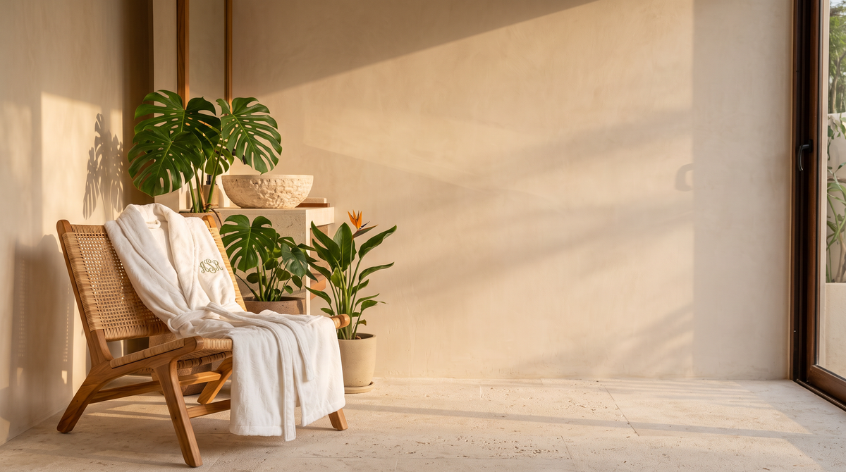 Monogrammed Ritual Bathrobe draped over a rattan chair in a sunlit plaster bathroom