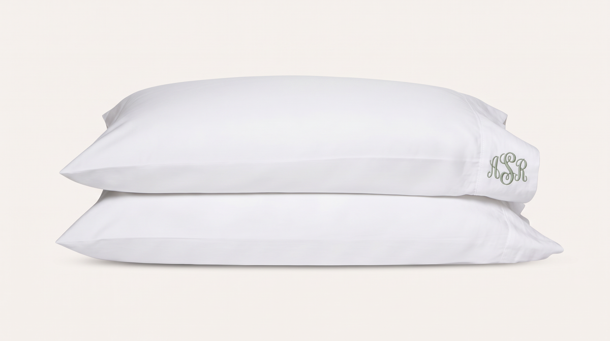 Classic Pillowcase Pair in white with a sage green monogram on the hem