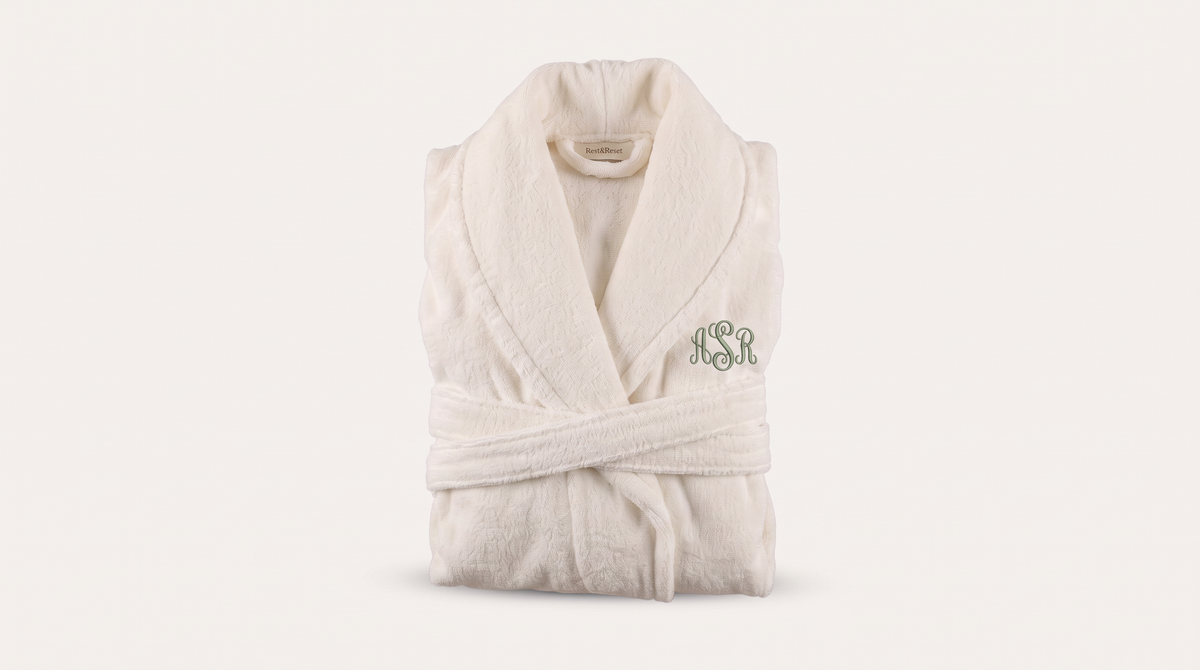Ritual Bathrobe in white with a sage green monogram