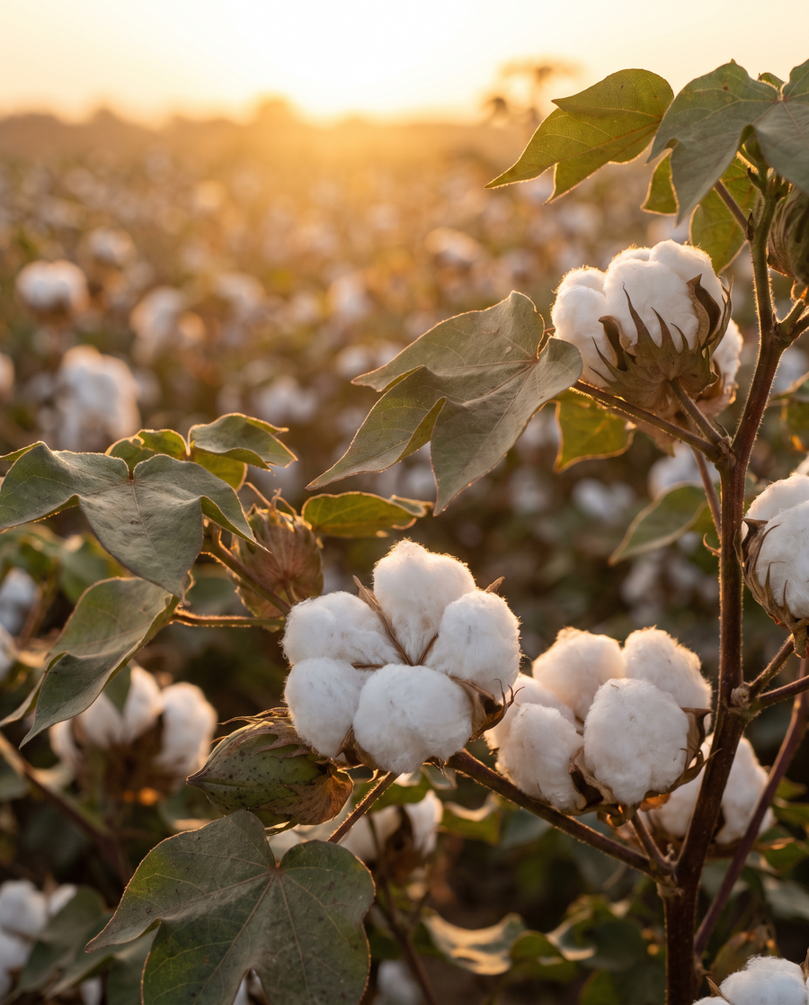 Open organic cotton bolls in a field at golden hour