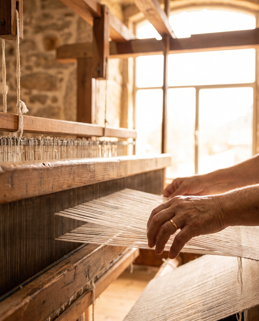 Fine white cotton threads on a weaving loom in a Portuguese mill