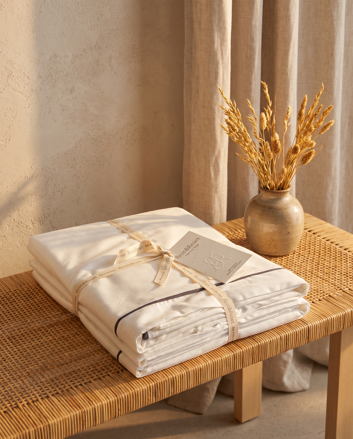 Rest & Reset white sateen sheets tied with ribbon on a rattan bench in golden morning light
